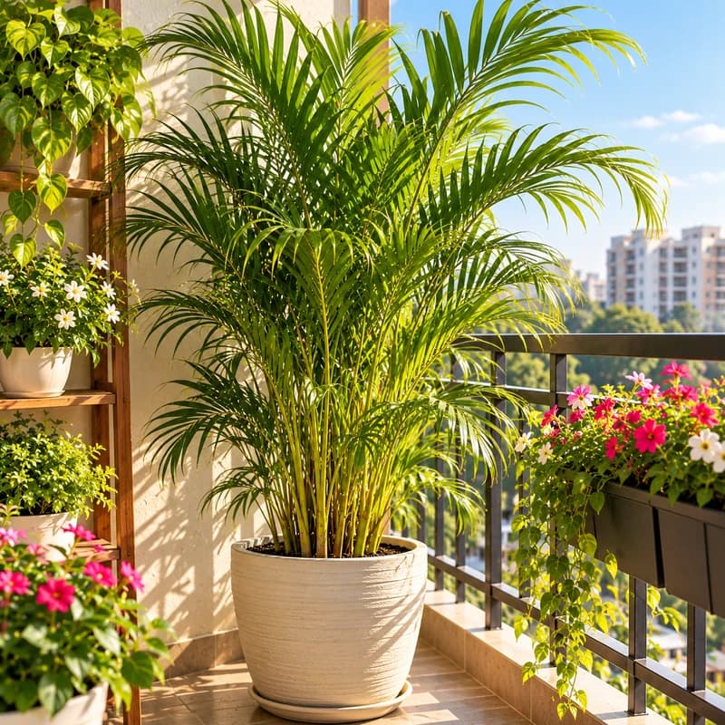 Potted Areca Palm used for natural privacy screening on a modern balcony