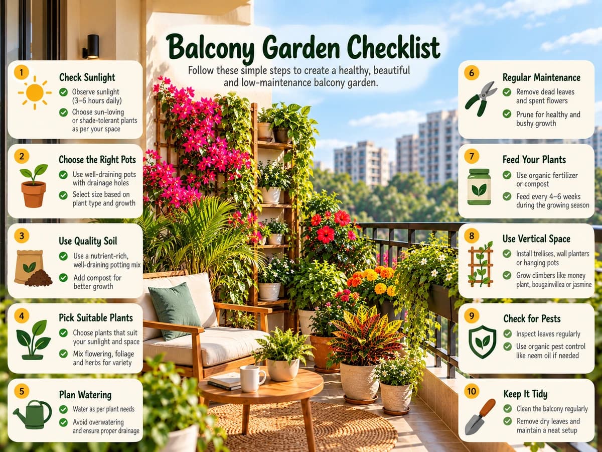 Balcony garden checklist showing lightweight pots, drainage saucers, railing brackets, and wind protection