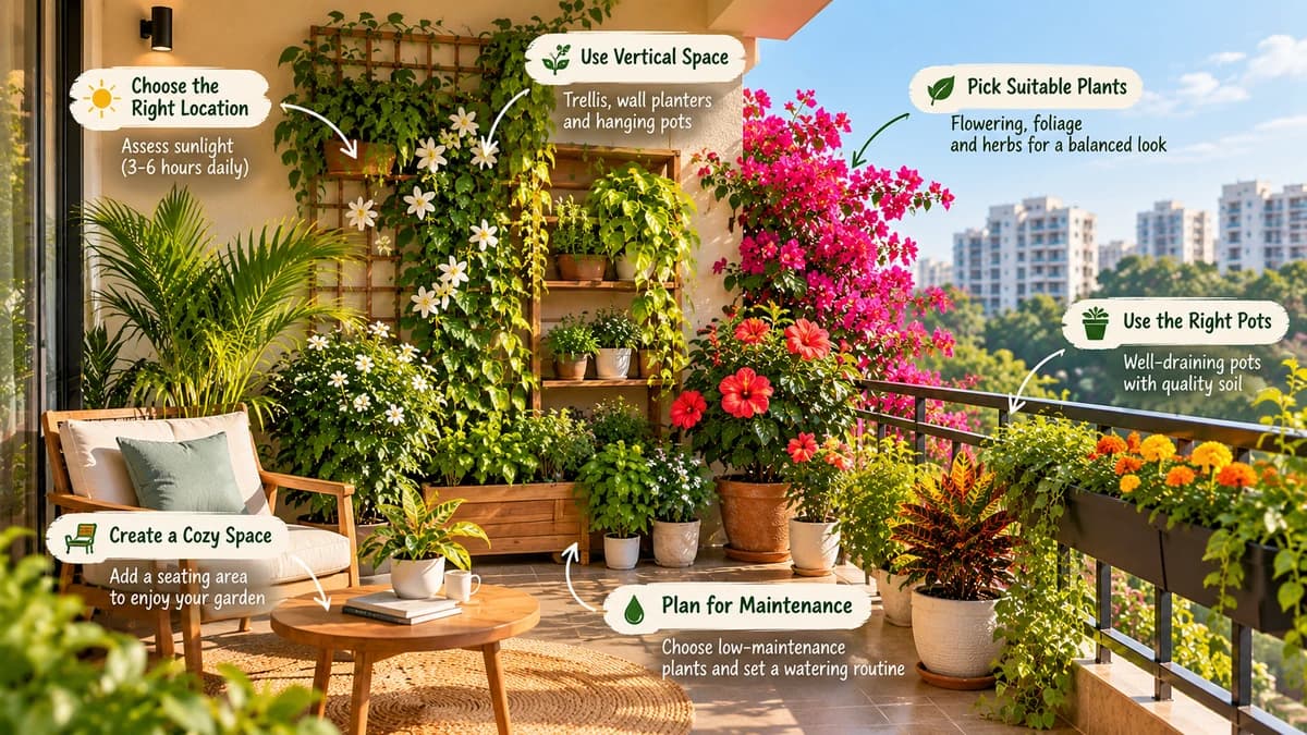 Apartment balcony garden space planning with varied pot sizes, vertical stands, and sunlight layout