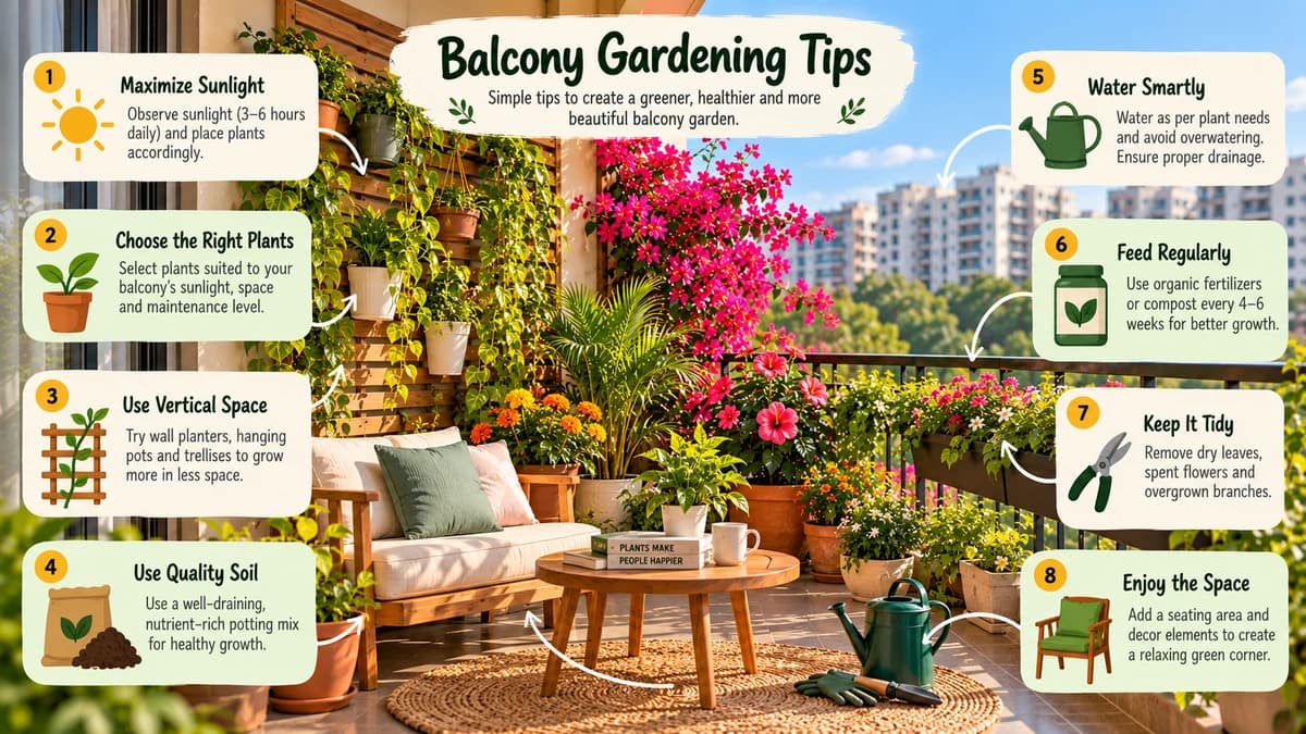 Practical balcony plant care including watering, drainage, leaf cleaning, and pruning