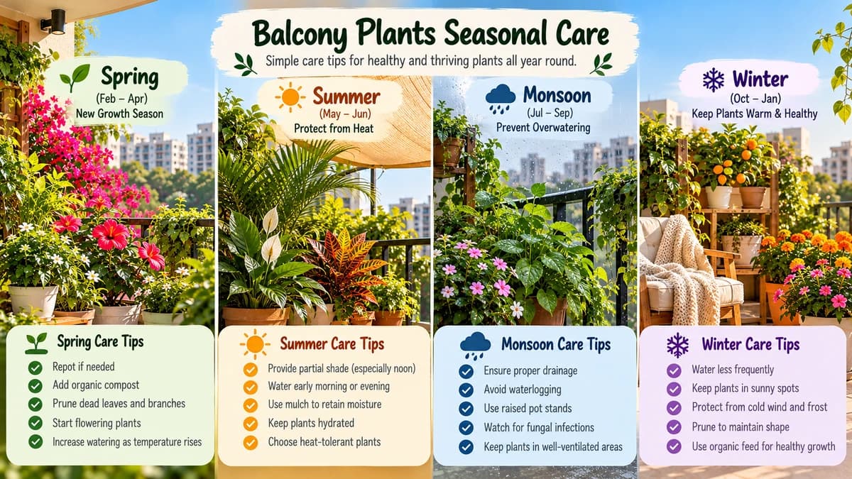 Seasonal balcony plant care for summer, monsoon, winter, and windy conditions