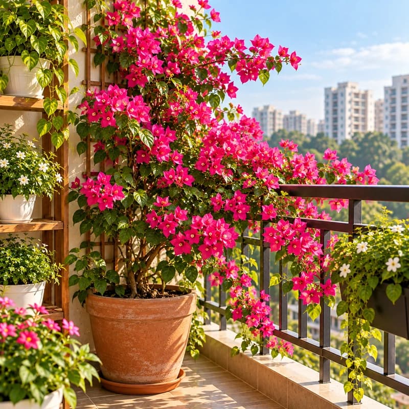 Sun-loving Bougainvillea flowering profusely in hot summer sun