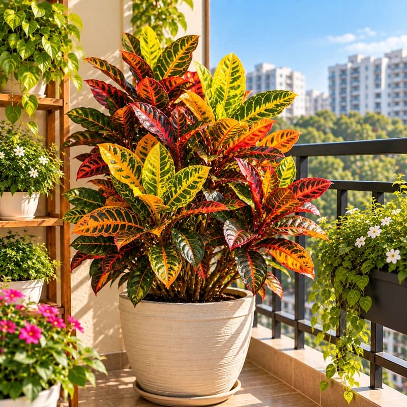 Colorful croton plant in a decorative balcony pot