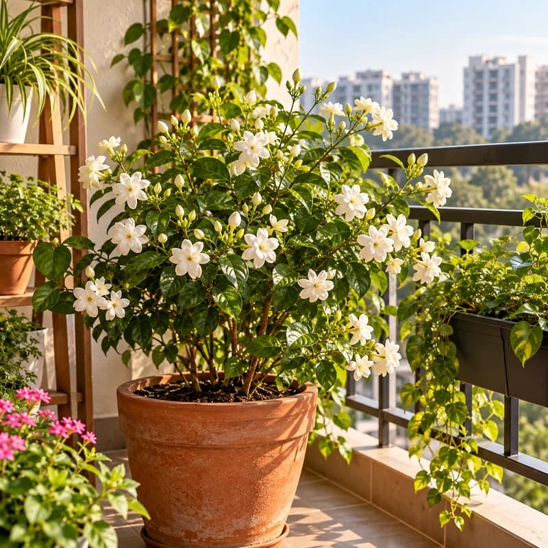 Jasmine (Mogra) blooming in a container pot on an apartment balcony