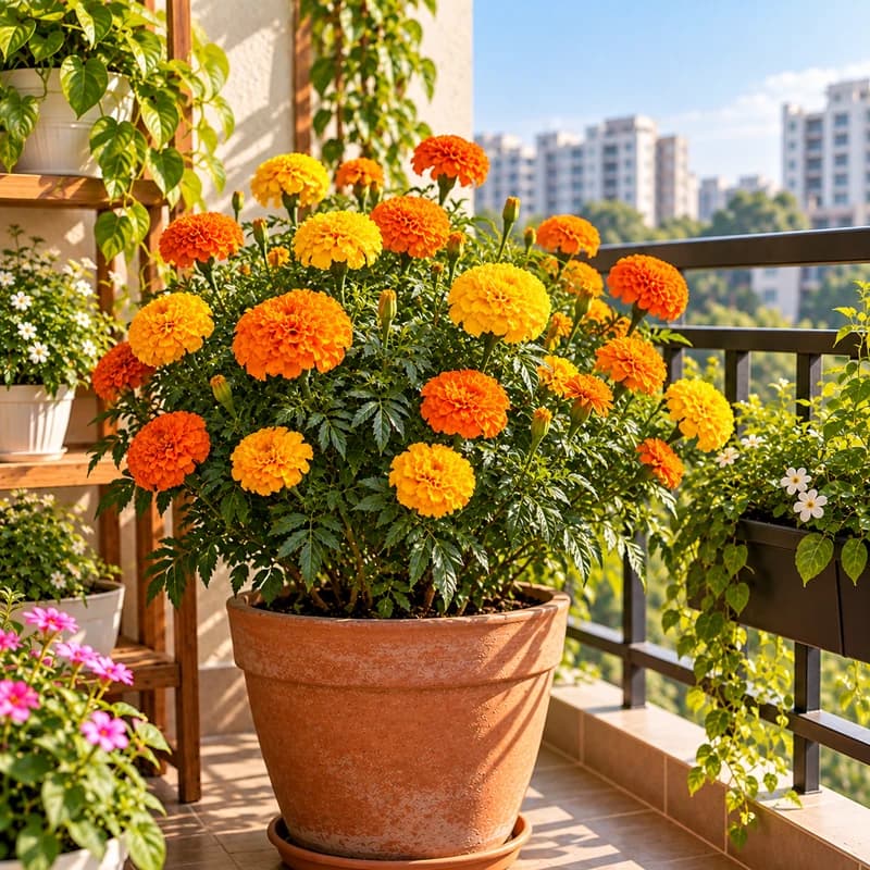 Colorful winter flowering plants in balcony pots