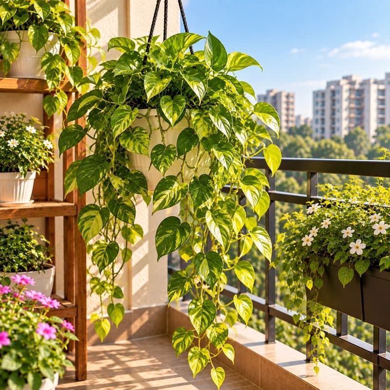 Trailing money plant hanging gracefully in a balcony container