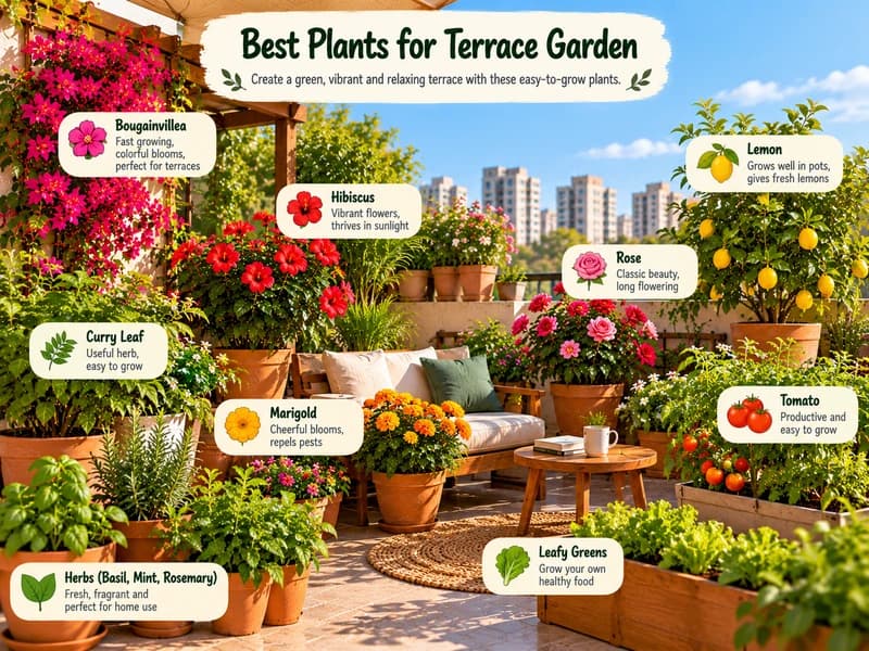 Lush terrace garden plants arranged in rooftop containers