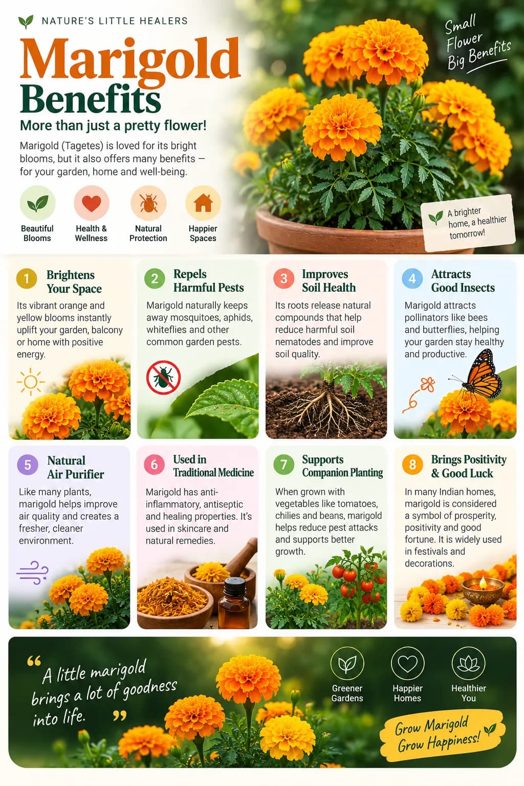 Bright Marigold flowers growing in an outdoor garden