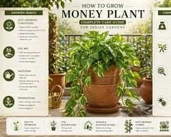 Money Plant care guide showing a healthy pothos plant indoors