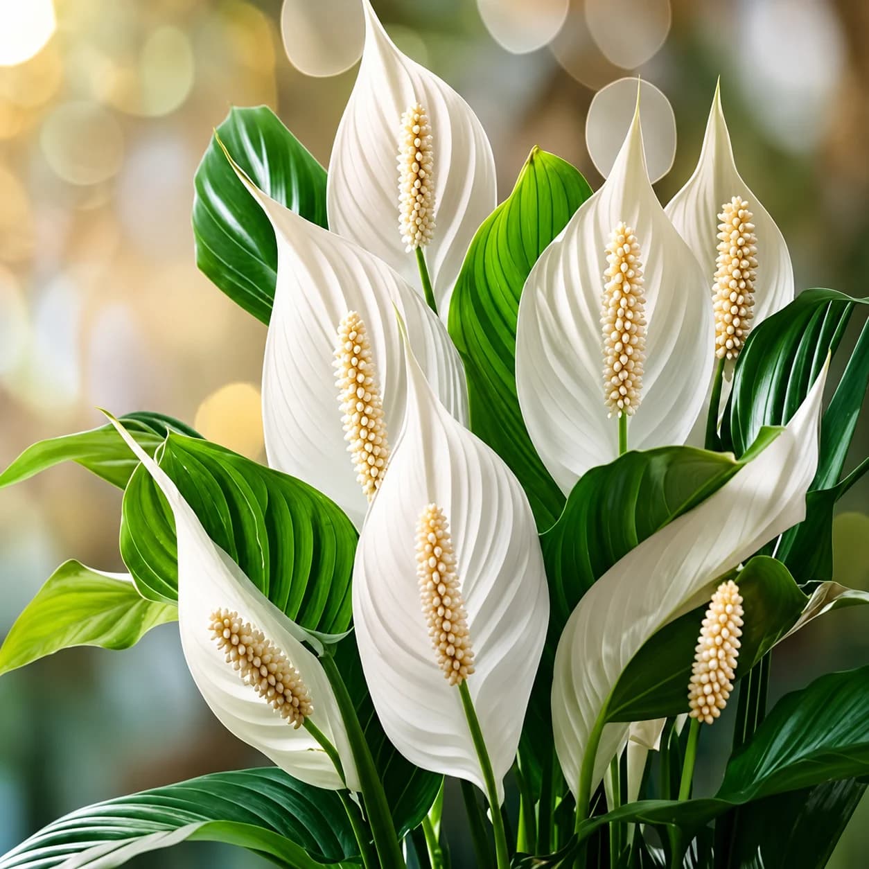 Peace Lily with glossy green leaves and white flowers growing indoors