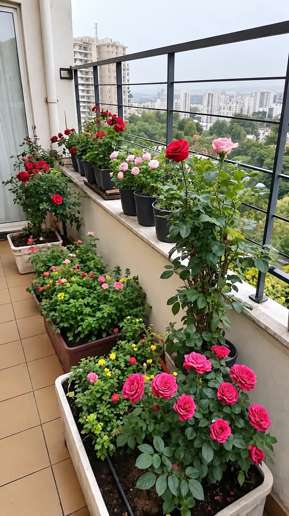 Rose plant growing in a balcony container
