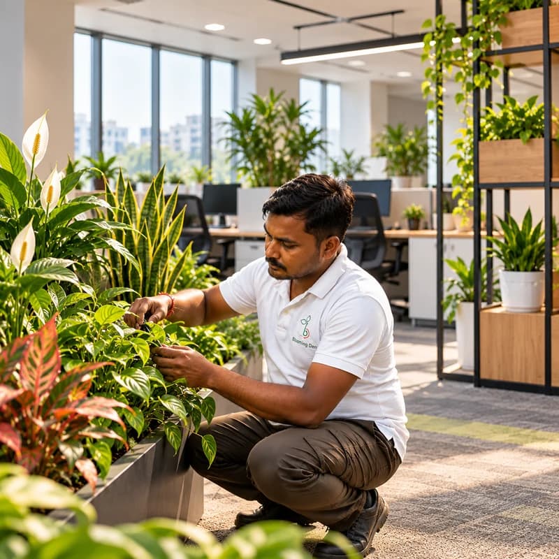 Green indoor plants in a professional office workspace