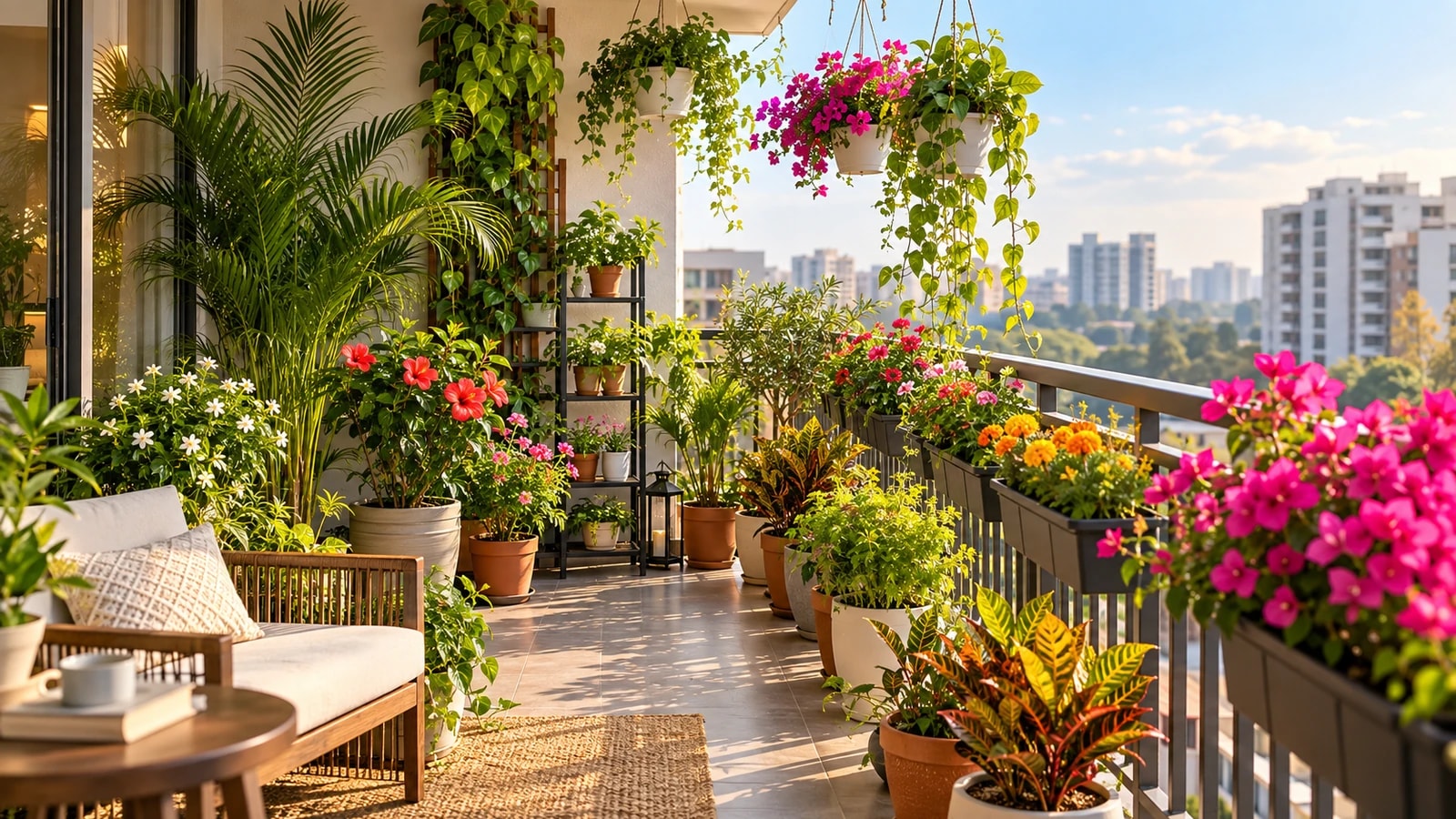 Lush balcony plants and flowering containers arranged on a modern apartment balcony