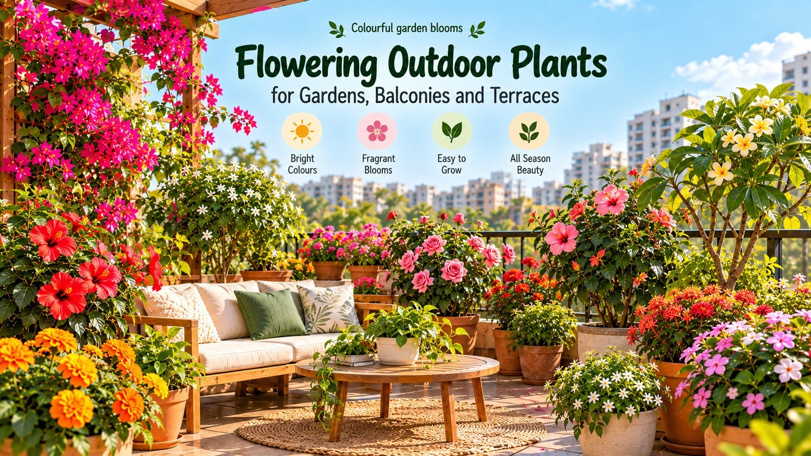 Vibrant season specific flowering plants blooming in home garden