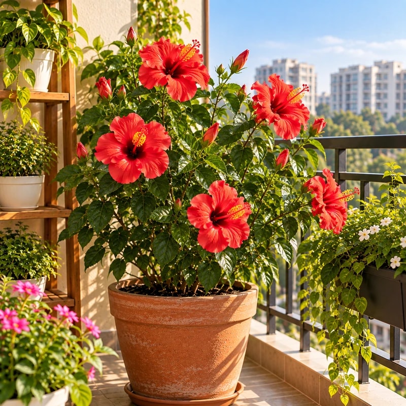 Lush tropical hibiscus and monsoon flora blooming profusely in rainy season