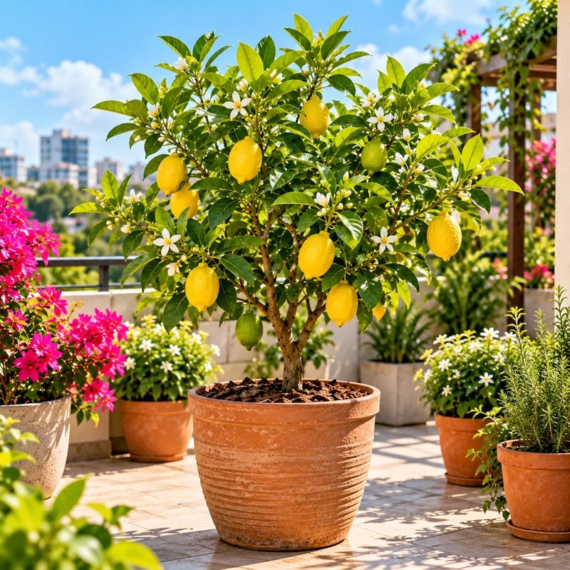 Exotic potted fruit trees and terrace orchard plants in bright sunlight