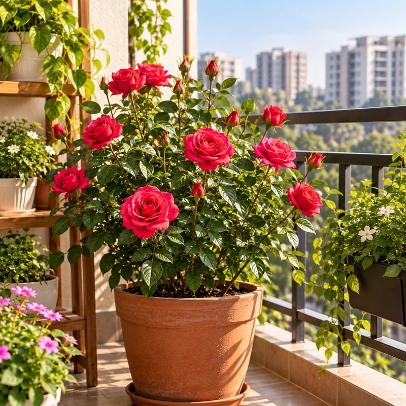 Potted flowering Rose and spring garden blooms in gentle morning sunlight