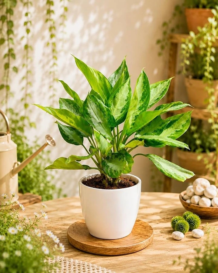 Aglaonema Silver Queen with silvery green patterned foliage