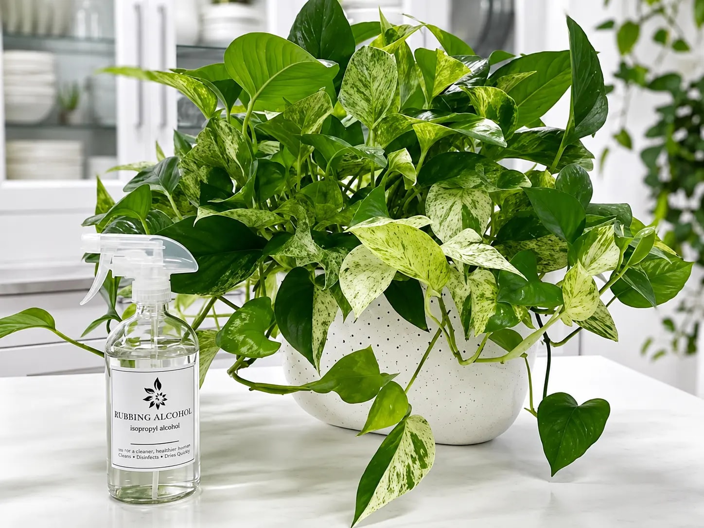 Marble Queen Pothos with white and green variegated leaves