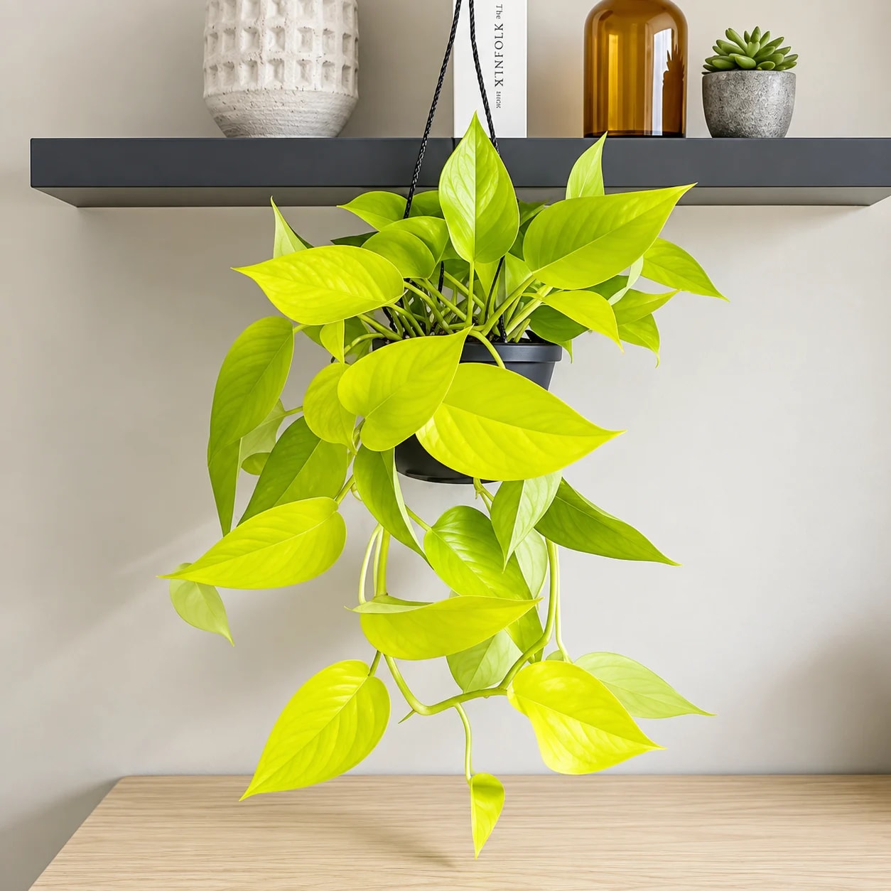 Healthy Pothos Plant with trailing green leaves in an indoor pot